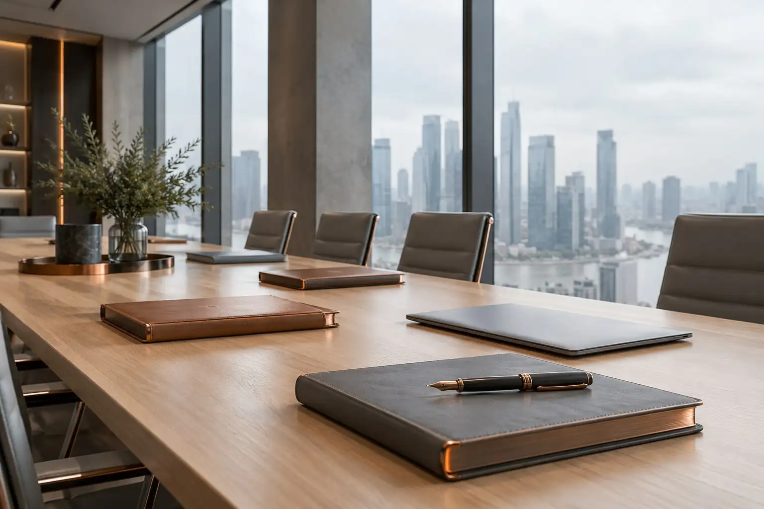 Salle de réunion lumineuse : grande table en chêne, registres fermés et stylo plume, skyline dans la baie vitrée