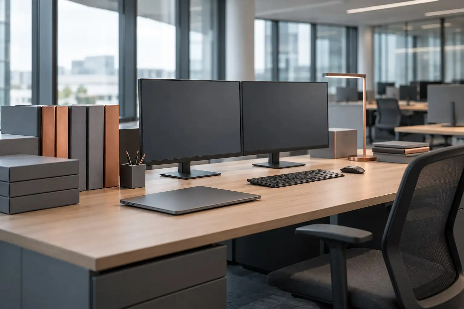 Poste de travail de back-office : deux écrans, classeurs fermés et lampe sur un bureau en chêne clair