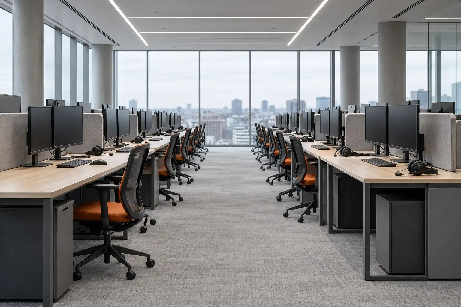 Plateau de call center vide : rangées de postes avec casques posés sur les bureaux, grandes baies vitrées